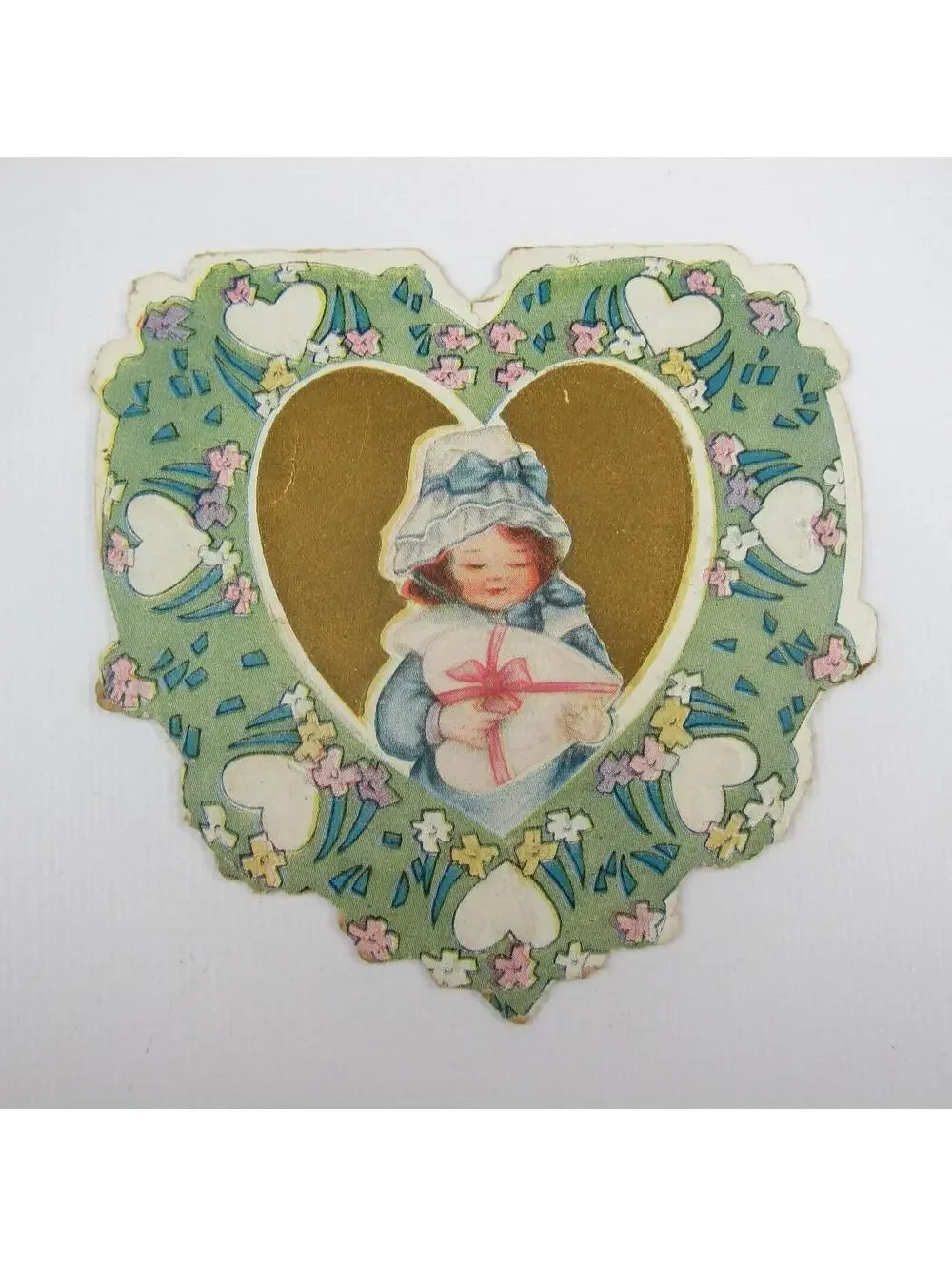 Vintage Valentine Card Die cut Girl Blue Dress & Bonnet Hat Hearts Flowers Gold